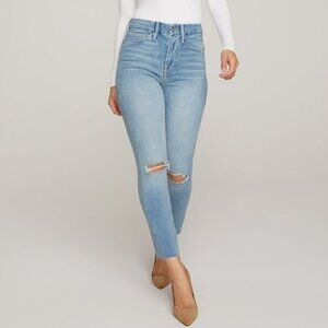 Good American Waist raw frayed jeans high rise skinny knee distress new 26 2